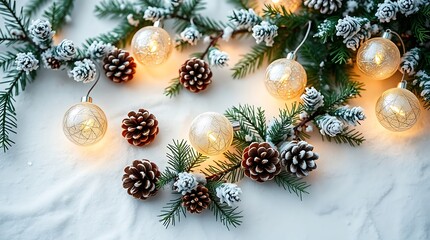 "Festive Christmas Garland with Radiant Lights, Sparkling Baubles, Pine Cones, and Lush Green Leaves for Holiday Décor"