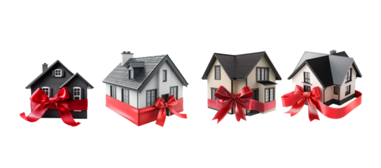 3D model of modern house wrapped in red ribbon with bow Isolated on a white background