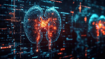 Fototapeta premium Kidney disease idea. Futuristic illustration of human kidney with digital processing elements.