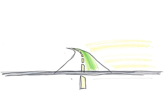 Green road illustration, winding path with dashed lines, abstract journey concept, simple hand-drawn style, environmental travel graphic