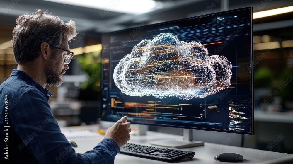 Poster man analyzing cloud computing data on high-tech monitor in modern office environment