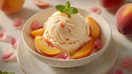 A high-end dessert photograph featuring a waffle bowl filled with creamy peach ice cream, garnished with fresh peach slices and a sprig of mint, surrounded by scattered peach petals,