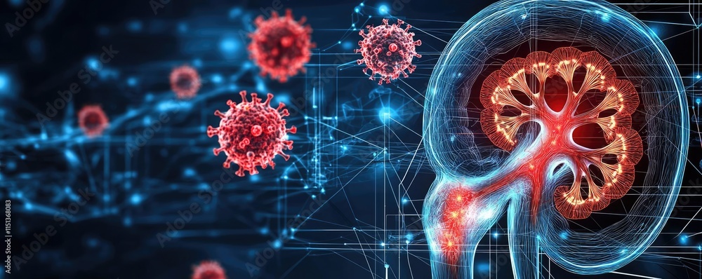 Poster kidney disease idea. digital illustration of a brain with viral structures and abstract connections.