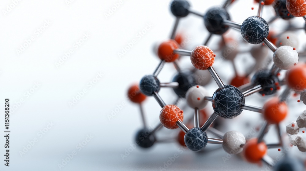 Poster abstract molecular structure with connected spheres in 3d rendering on a light background
