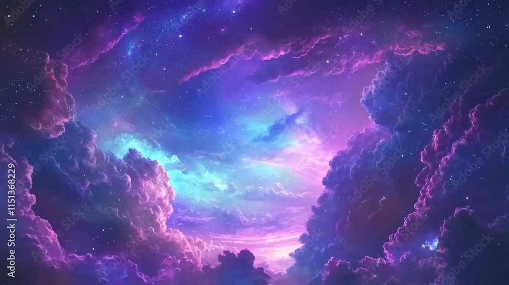 Poster a stunning sky view with colorful clouds illuminated by twilight, providing a soft yet vibrant text 