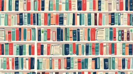 Colorful Hand-Drawn Bookshelf Illustration with Stacked Books in Various Sizes and Colors for Educational and Literary Themes