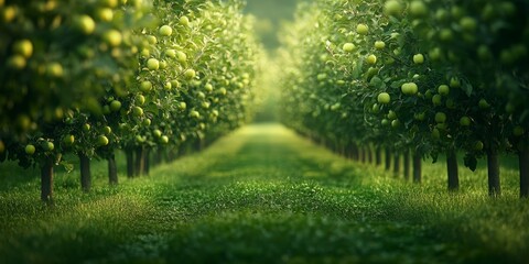 Fototapeta premium Organic farm showcasing vibrant green apple trees, creating a serene background filled with lush greenery, emphasizing the beauty of an organic farm dedicated to growing green apples.