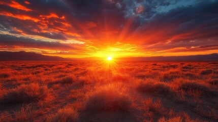 Fototapeta premium Fiery sunset over grassy plains, mountains.
