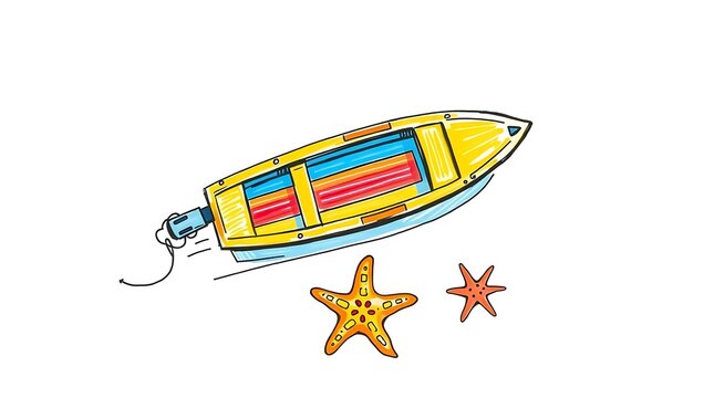Hand-drawn yellow motorboat with starfish, nautical summer illustration, colorful sea vessel on white background