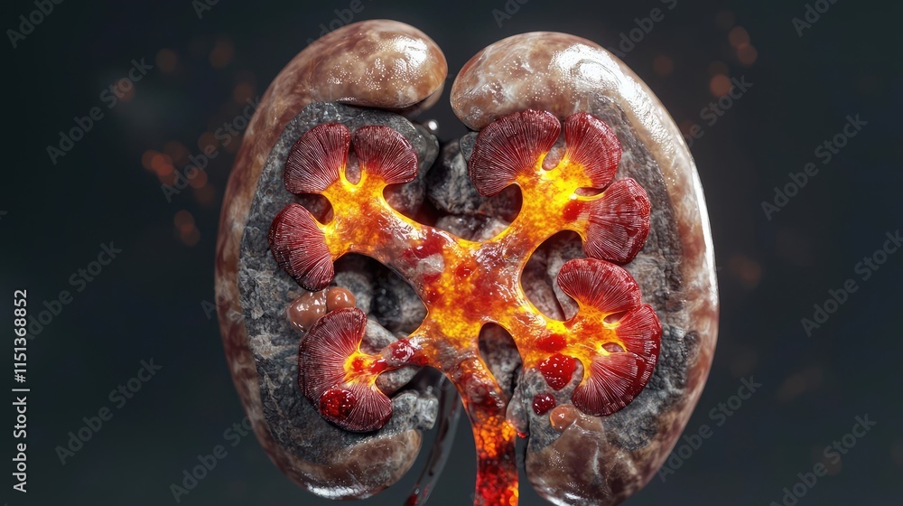 Poster kidney disease idea. an artistic representation of a human kidney with a fiery core, showcasing inte