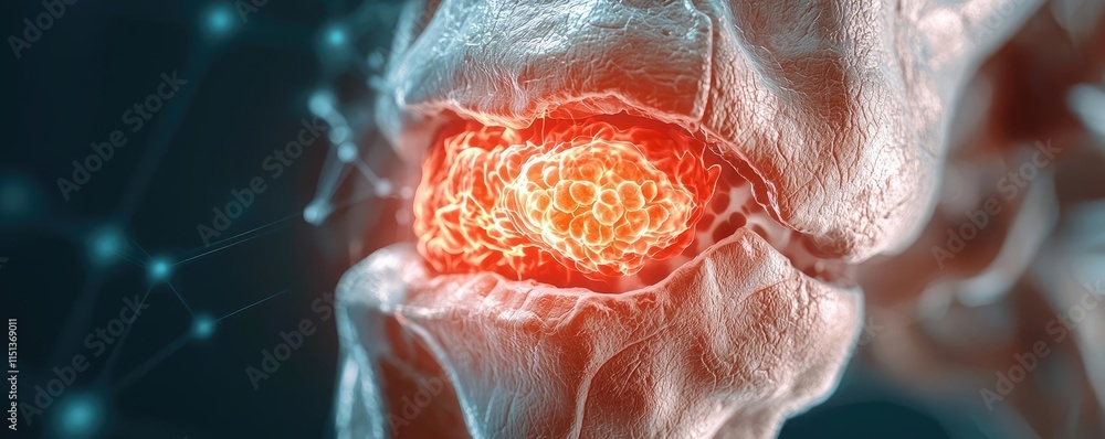 Poster arthritis disease idea. close-up of a human cell showcasing intricate structures and glowing nucleus