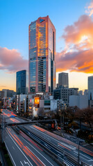 Obraz premium Tokyo skyscraper sunset cityscape highway traffic.