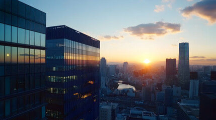 Tokyo Sunset Skyscrapers, cityscape, golden hour, urban panorama, business district.