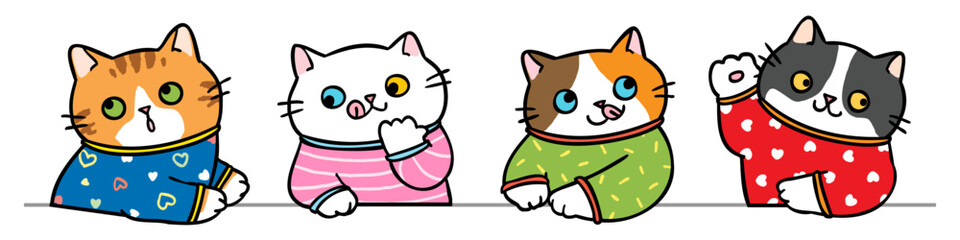 Vector Illustration of Cute Cartoon Cat Characters on Isolated Background. Hand Drawn Vector Illustration.