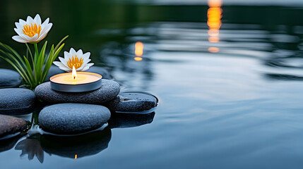 Tranquil pond scene candlelit stones, water lilies, sunset reflection; spa, meditation, serenity.