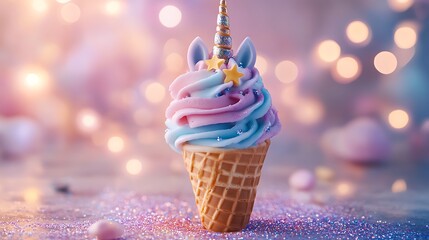 A high-fashion dessert shot of unicorn-themed ice cream, vibrant pastel swirls in a waffle cone adorned with edible glitter and candy stars, sugar unicorn horn gleaming,