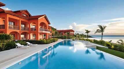 Fototapeta premium Tropical resort poolside villas, ocean view, Caribbean sunrise, luxury vacation.