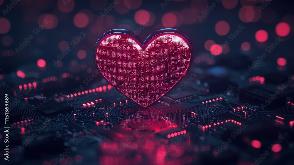 Poster futuristic digital heart on circuit board with glowing red lights and bokeh background