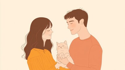 minimalist adoption artwork, couple meeting new pet, vector illustration style, soft color combinations, simple character design, heartfelt interaction, clean line art, emotional storytelling, modern