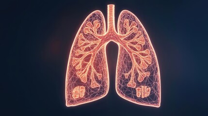 Chronic Lower Respiratory disease concept. 3D illustration of human lungs with intricate vascular structure glowing in blue light.