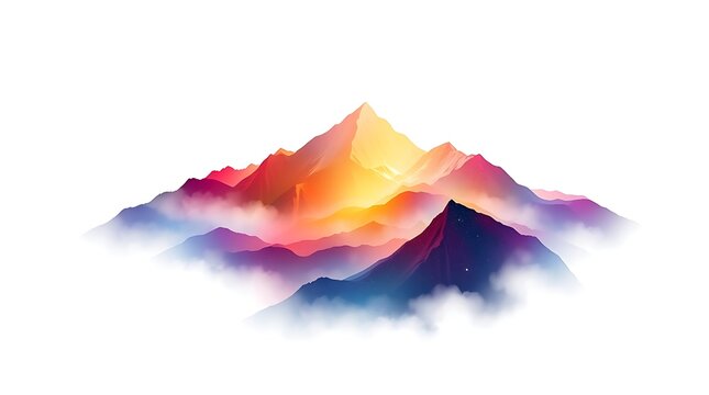 Vibrant mountain peak illustration, colorful alpine landscape with mist, artistic mountain range on white background