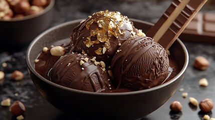 A luxurious bowl of dark chocolate ice cream, drizzled with molten chocolate sauce and topped with a shimmering sheet of edible gold leaf, crushed hazelnuts scattered on top,