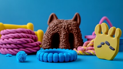 Fototapeta premium Modern pet supplies arrangement, blue rubber chew ring, yellow paw print icon, brown waste pile sculpture, pink and yellow rope toy, glossy finish, professional studio lighting, high contrast