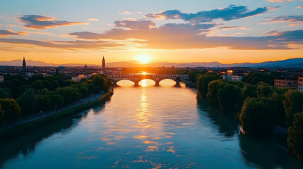 Fototapeta premium Verona, Italy Sunset Ponte Pietra Bridge, Adige River, Cityscape, Golden Hour, Travel Photography.