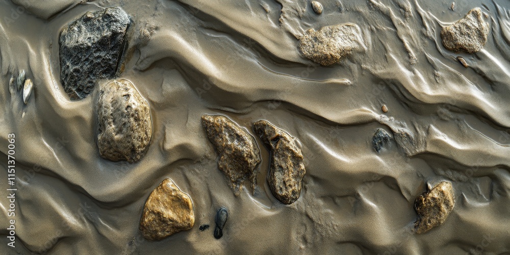 Poster captivating texture of wet coastal sand showcases the unique patterns created by water, emphasizing 