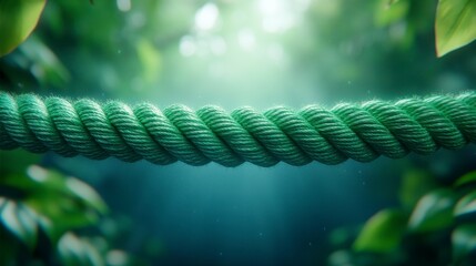 A close-up of a green rope suspended in a lush, misty environment.