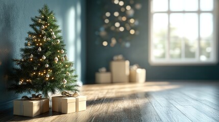 A Celebration of Christmas tree, Santa Claus with gift box, champagne and Beautiful Christmas holiday frame of fir branches with happy new year 2025