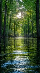 A river in a wooded area with trees all around