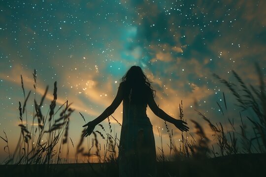 Woman silhouetted against a starry night sky.