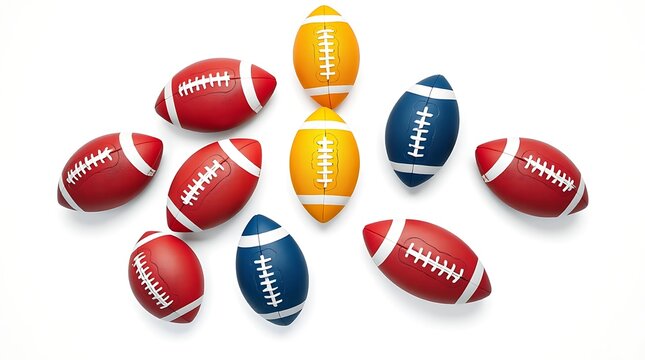 Colorful american football balls collection, red blue and yellow sport equipment, 10 small foam footballs on white