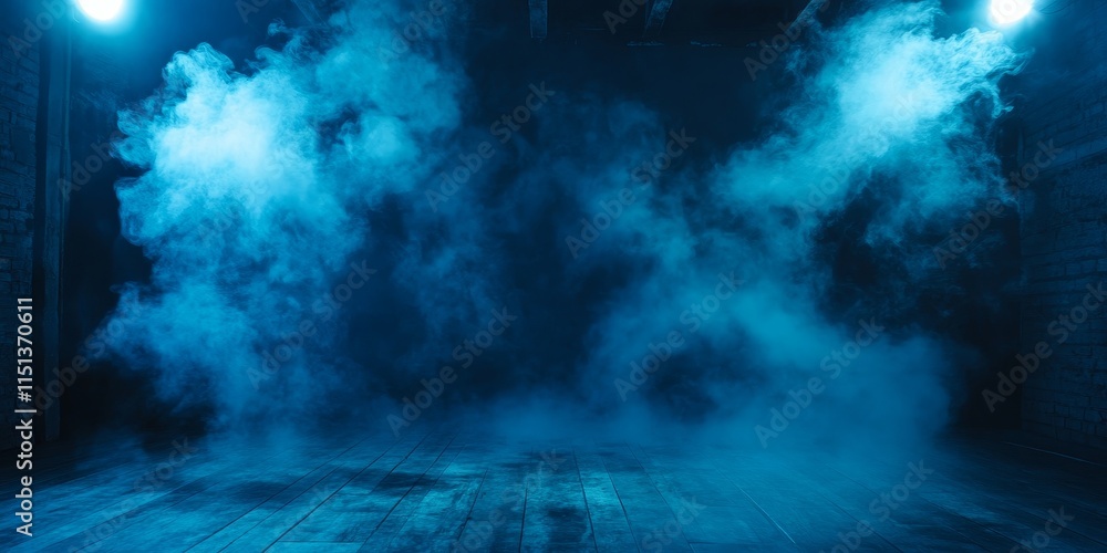 Poster a vertical image captures an empty room illuminated by blue lighting and filled with smoke, creating