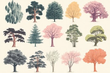 Fototapeta premium Diverse Tree Illustrations in Pastel Tones A Collection of Stylized Botanical Art