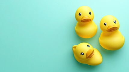 Three yellow rubber ducks floating on a turquoise background
