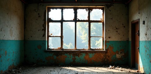 Naklejka premium Grimy warehouse window with broken panes and peeling paint, peeling paint, concrete