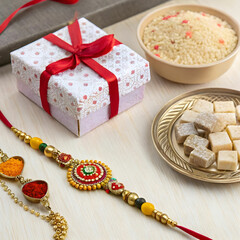 raksha bandhan greeting rakhi and gift with sweet