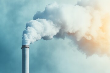 Industrial Chimney Emitting Smoke Against Blue Sky and Orange Sunlight