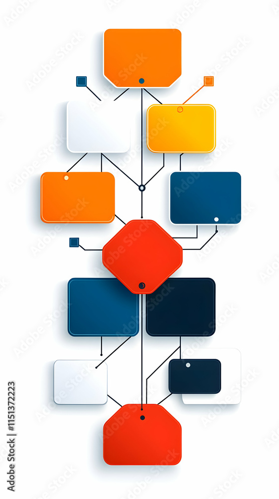 Poster abstract network diagram; colorful blocks & connections; white background; business workflow illustr