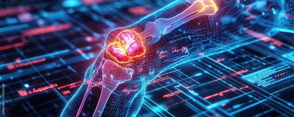 Poster Arthritis disease idea. Digital representation of a knee joint with vibrant data visualization overlay.