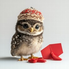 Obraz premium Joyful owl chick celebrates chinese new year with red envelopes indoor animal portrait playful atmosphere