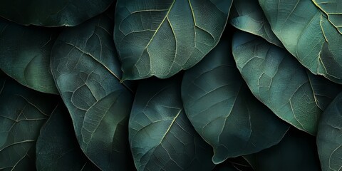 Close up nature view showcasing the intricate texture of a green leaf, creating a striking dark wallpaper concept that highlights the beauty of a tropical leaf in its natural environment.