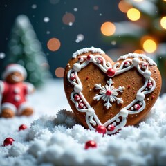 Obraz premium Ornate gingerbread heart cookie placed on a snowy winter wonderland scene , ornaments, snowflakes, Winter wonderland