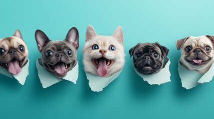 Whimsical pet heads breaking through wall, long-haired white feline, cream colored small dog excited expression, gray cat with deep blue eyes, dark brown pug with wrinkles, paper tear details, aqua