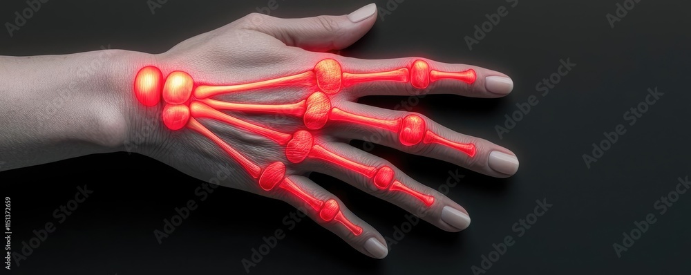 Poster arthritis disease idea. 3d rendering of a human hand with highlighted bones and joints for education
