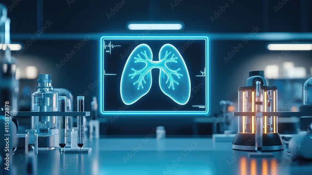 Poster chronic lower respiratory disease concept. futuristic lab setting with holographic lung image and re
