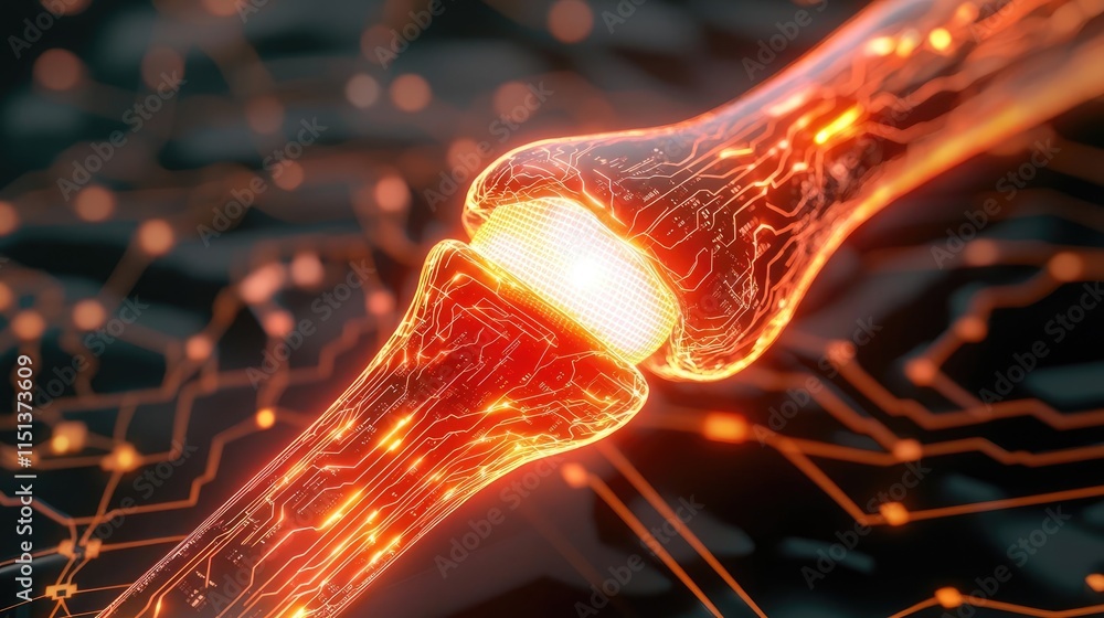 Poster Arthritis disease idea. Futuristic digital representation of a neural connection with glowing circuits.