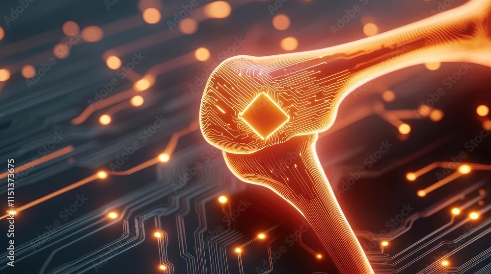 Poster arthritis disease idea. futuristic digital joint structure fused with circuit design and glowing ele